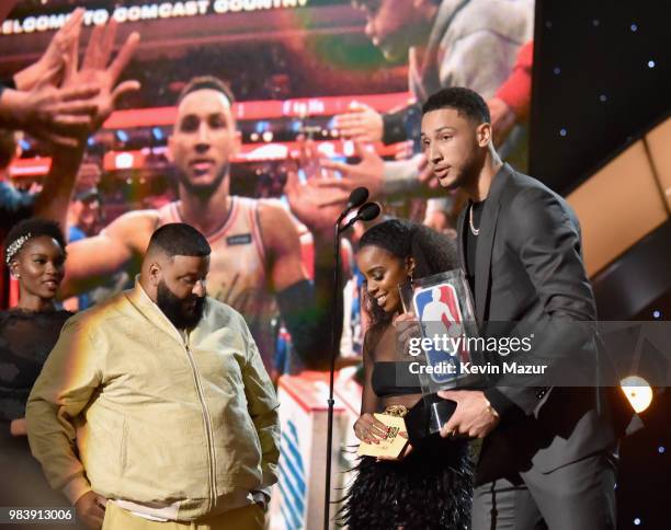 Rookie of the Year Ben Simmons speaks onstage at the 2018 NBA Awards at Barkar Hangar on June 25, 2018 in Santa Monica, California.