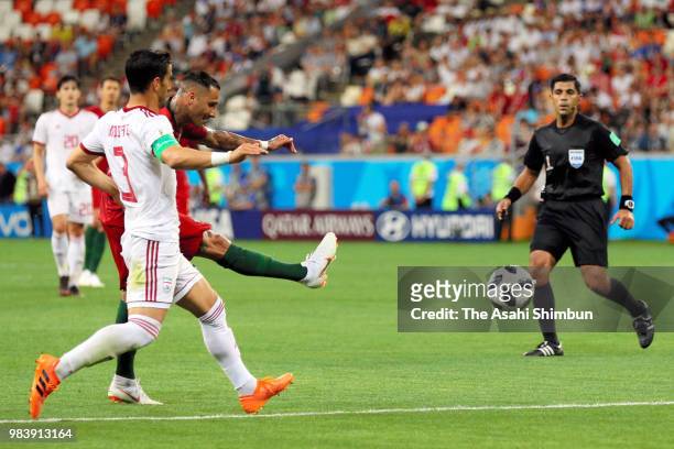 Ricardo Quaresma of Poretugal scores the opening goal during the 2018 FIFA World Cup Russia group B match between Iran and Portugal at Mordovia Arena...