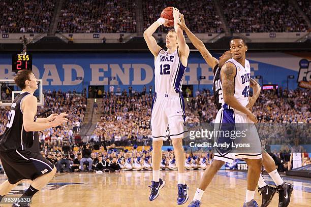 Kyle Singler of the Duke Blue Devils attempts a shot against the Butler Bulldogs during the 2010 NCAA Division I Men's Basketball National...