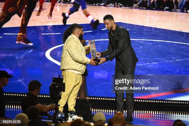 Khaled and Kelly Rowland present Ben Simmons of the Philadelphia 76ers Rookie of the Year Award during the 2018 NBA Awards Show on June 25, 2018 at...