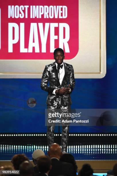 Victor Oladipo of the Indiana Pacers accepts the Most Improved Player Award during the 2018 NBA Awards Show on June 25, 2018 at The Barkar Hangar in...