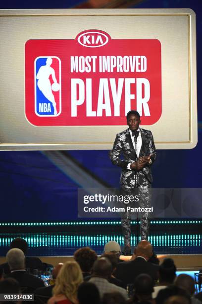 Victor Oladipo of the Indiana Pacers accepts the Most Improved Player Award during the 2018 NBA Awards Show on June 25, 2018 at The Barkar Hangar in...