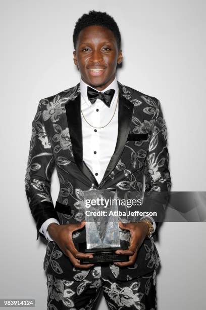 Victor Oladipo of the Indiana Pacers poses for a portrait after winning Most Improved Player during the NBA Awards Show on June 25, 2018 at the...