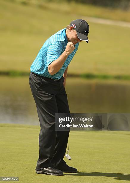 James Morrison of England celebrates after winning the final round of the Madeira Islands Open at the Porto Santo golf club on April 11, 2010 in...