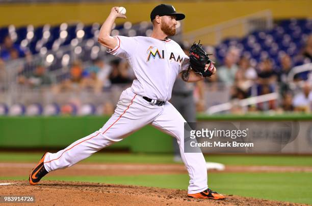 Dan Straily of the Miami Marlins pitches in the sixth inning during the game against the Arizona Diamondbacks at Marlins Park on June 25, 2018 in...