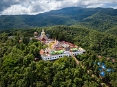Aerial view of Wat Phra That Doi Kham Temple on the top of mountain in Chiang Mai, Thailand.