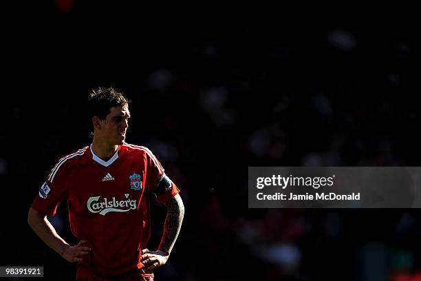 Daniel Agger of Liverpool looks on during the Barclays Premier League match between Liverpool and Fulham at Anfield on April 11, 2010 in Liverpool,...