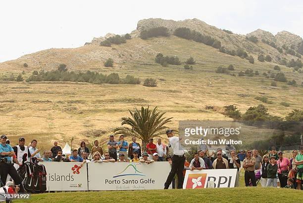 Oliver Fisher of England in action during the final round of the Madeira Islands Open at the Porto Santo golf club on April 11, 2010 in Porto Santo...