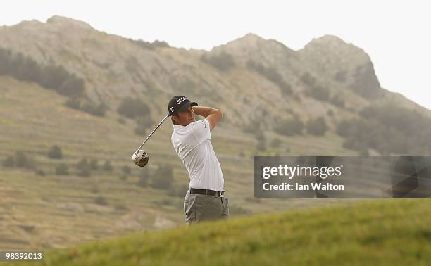 Simon Thornton of Ireland in action during the final round of the Madeira Islands Open at the Porto Santo golf club on April 11, 2010 in Porto Santo...