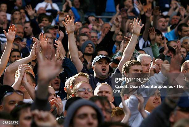 Fans cheer during the FA Cup sponsored by E.ON Semi Final match between Tottenham Hotspur and Portsmouth at Wembley Stadium on April 11, 2010 in...