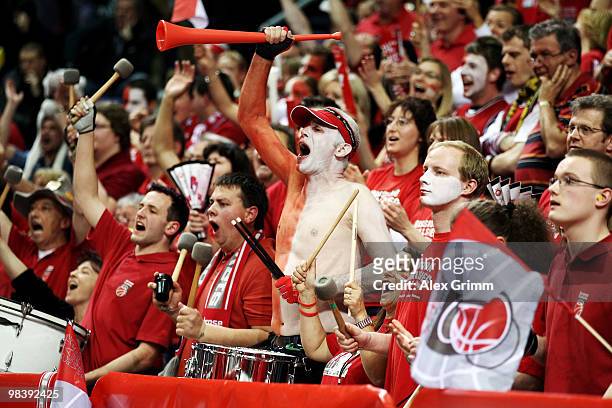 Supporters of Brose Baskets Bamberg celebrate after their team won the Beko BBL Top Four basketball tournament against Deutsche Bank Skyliners...
