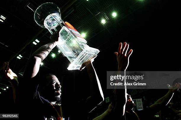 Elton Brown of Brose Baskets Bamberg celebrates after winning the Beko BBL Top Four basketball tournament against Deutsche Bank Skyliners Frankfurt...