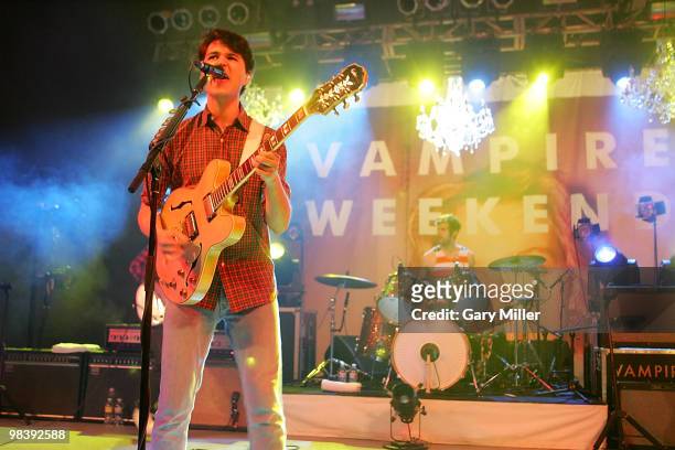 Musician/vocalist Ezra Koenig and musician Chris Tomson perform in concert with Vampire Weekend at Stubb's Bar-B-Q on April 10, 2010 in Austin, Texas.