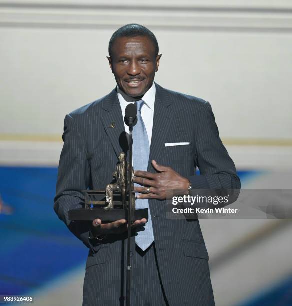 Coach of the Year Dwane Casey speaks onstage at the 2018 NBA Awards at Barkar Hangar on June 25, 2018 in Santa Monica, California.