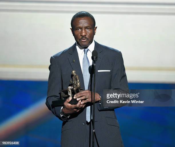 Coach of the Year Dwane Casey speaks onstage at the 2018 NBA Awards at Barkar Hangar on June 25, 2018 in Santa Monica, California.