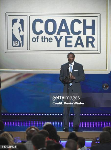 Coach of the Year Dwane Casey speaks onstage at the 2018 NBA Awards at Barkar Hangar on June 25, 2018 in Santa Monica, California.