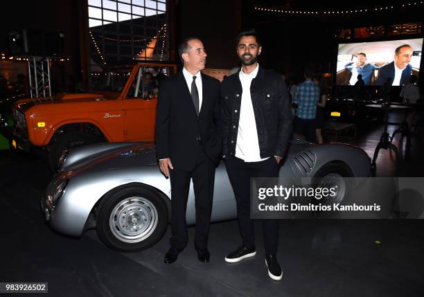 Comedians Jerry Seinfeld and Hasan Minhaj attend Comedians in Cars Getting Coffee - New York Event at Classic Car Club Manhattan on June 25, 2018 in...