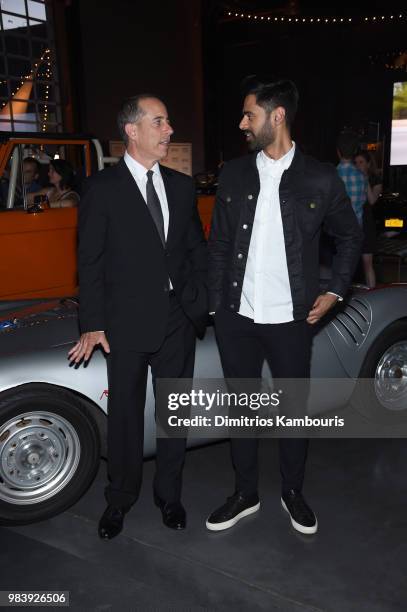 Comedians Jerry Seinfeld and Hasan Minhaj attend Comedians in Cars Getting Coffee - New York Event at Classic Car Club Manhattan on June 25, 2018 in...