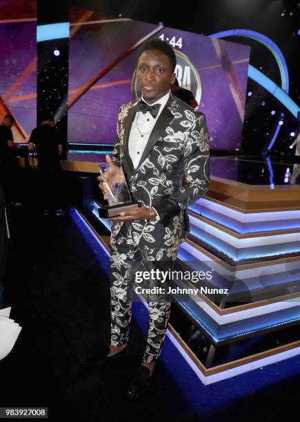 Most Improved Player Victor Oladipo poses with his award at the 2018 NBA Awards at Barkar Hangar on June 25, 2018 in Santa Monica, California.