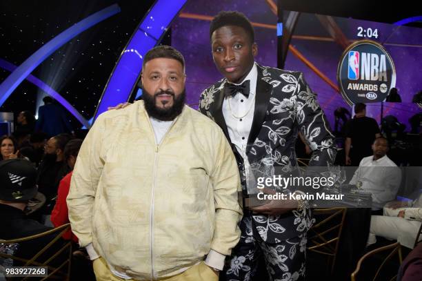 Khaled and Most Improved Player Victor Oladipo attend the 2018 NBA Awards at Barkar Hangar on June 25, 2018 in Santa Monica, California.