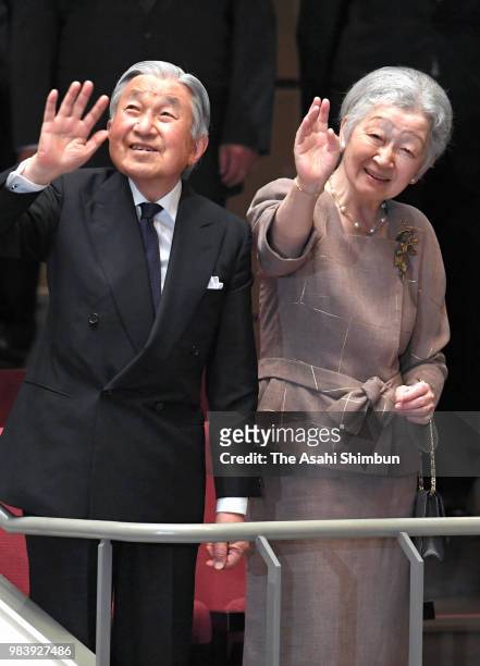 Emperor Akihito and Empress Michiko are seen on arrival at a charity concert on June 25, 2018 in Tokyo, Japan.