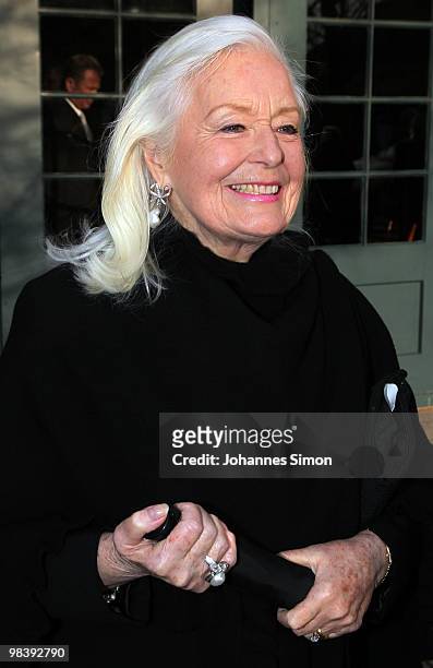 Soprano opera singer Gwyneth Jones leaves the funeral service for Wolfgang Wagner at festival opera house on April 11, 2010 in Bayreuth, Germany....