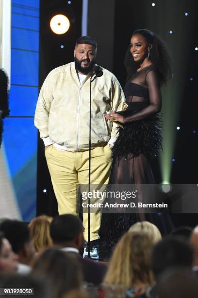 Khaled and Kelly Rowland present Rookie of the Year Award during the 2018 NBA Awards Show on June 25, 2018 at The Barkar Hangar in Santa Monica,...