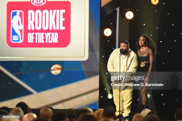 Khaled and Kelly Rowland present Rookie of the Year Award during the 2018 NBA Awards Show on June 25, 2018 at The Barkar Hangar in Santa Monica,...