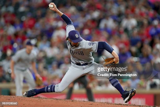 Adam Cimber of the San Diego Padres pitches against the Texas Rangers in the bottom of the sixth inning at Globe Life Park in Arlington on June 25,...