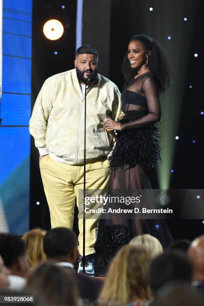 Khaled and Kelly Rowland present Rookie of the Year Award during the 2018 NBA Awards Show on June 25, 2018 at The Barkar Hangar in Santa Monica,...