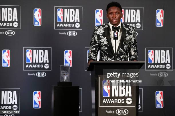 Victor Oladipo of the Indiana Pacers talks to the media during a press conference after winning Most Improved Player the NBA Awards Show on June 25,...