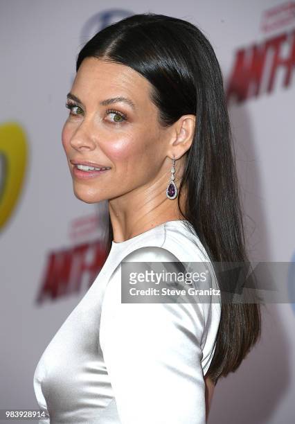 Evangeline Lilly arrives at the Premiere Of Disney And Marvel's "Ant-Man And The Wasp" on June 25, 2018 in Hollywood, California.