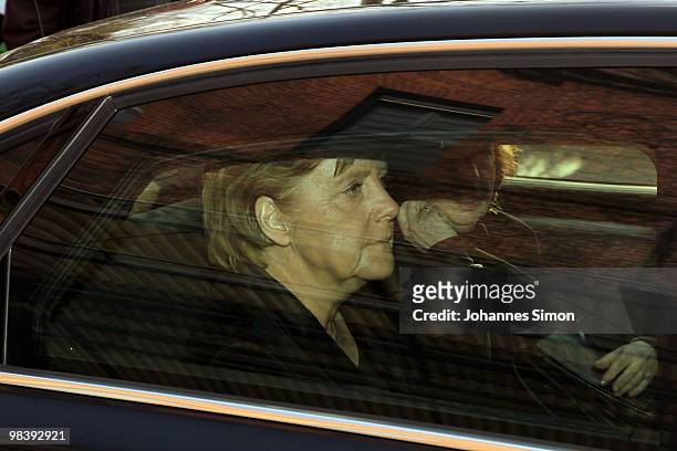 German chancellor Angela Merkel leaves the funeral service for Wolfgang Wagner at festival opera house on April 11, 2010 in Bayreuth, Germany....