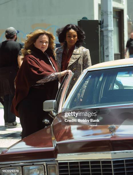 Tiffany Haddish and Melissa McCarthy on the set of "The Kitchen" on June 25, 2018 in New York City.