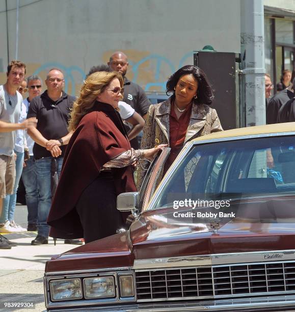 Tiffany Haddish and Melissa McCarthy on the set of "The Kitchen" on June 25, 2018 in New York City.