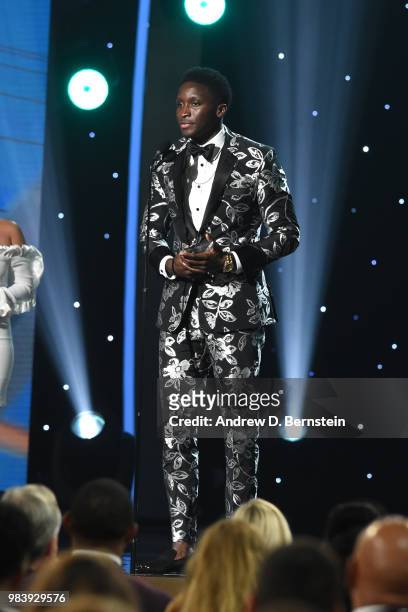 Victor Oladipo of the Indiana Pacers accepts an award during the 2018 NBA Awards Show on June 25, 2018 at The Barkar Hangar in Santa Monica,...