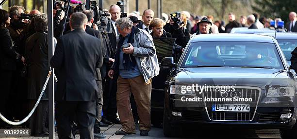 German chancellor Angela Merkel leaves the funeral service for Wolfgang Wagner at festival opera house on April 11, 2010 in Bayreuth, Germany....