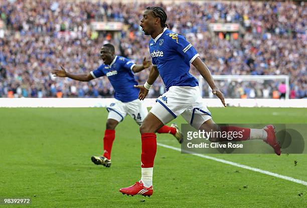 Frederic Piquionne of Portsmouth after scoring the goal celebrates with Aruna Dindane of Portsmouth during the FA Cup sponsored by E.ON Semi Final...