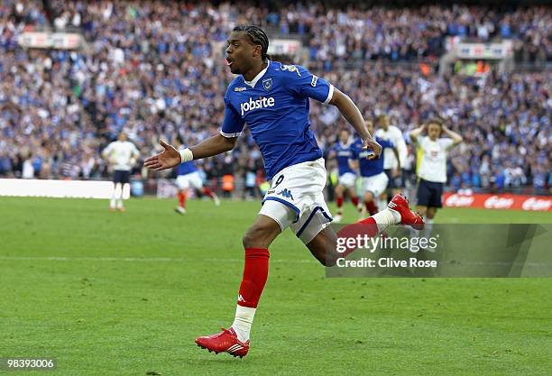 Frederic Piquionne of Portsmouth celebrates scoring the goal during the FA Cup sponsored by E.ON Semi Final match between Tottenham Hotspur and...