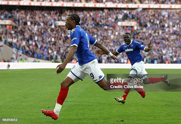 Frederic Piquionne of Portsmouth celebrates scoring the goal during the FA Cup sponsored by E.ON Semi Final match between Tottenham Hotspur and...