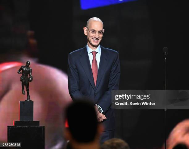 Adam Silver speaks onstage at the 2018 NBA Awards at Barkar Hangar on June 25, 2018 in Santa Monica, California.