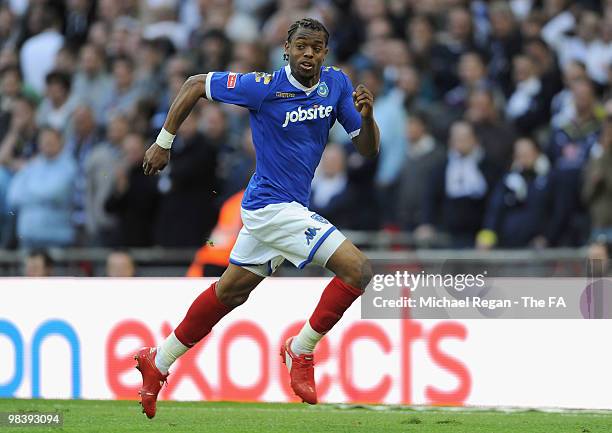 Frederic Piquionne of Portsmouth celebrates his goal during the FA Cup sponsored by E.ON Semi Final match between Tottenham Hotspur and Portsmouth at...