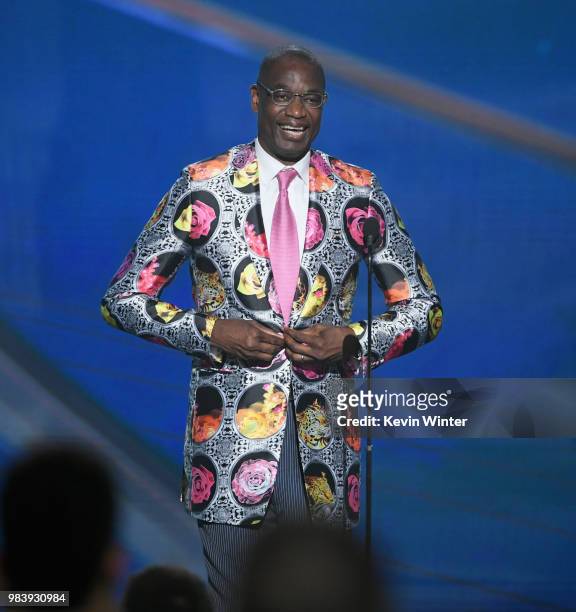 Sager Strong award winner Dikembe Mutombo accepts his jacket onstage at the 2018 NBA Awards at Barkar Hangar on June 25, 2018 in Santa Monica,...