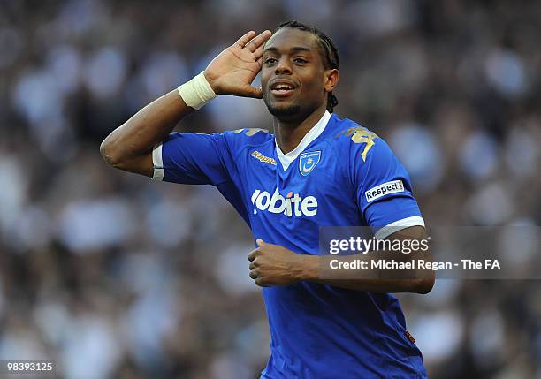 Frederic Piquionne of Portsmouth celebrates his goal during the FA Cup sponsored by E.ON Semi Final match between Tottenham Hotspur and Portsmouth at...