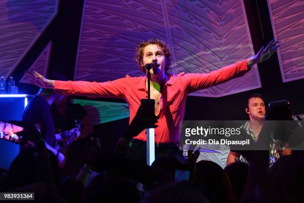 Luke Hemmings and Ashton Irwin of 5 Seconds of Summer perform at the Tumblr IRL with 5 Seconds of Summer at the National Sawdust June 25, 2018 in New...