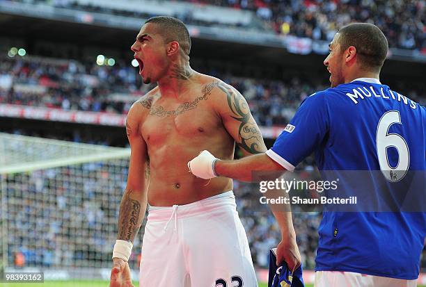 Kevin-Prince Boateng of Portsmouth celebrates his goal with Hayden Mullins of Portsmouth during the FA Cup sponsored by E.ON Semi Final match between...