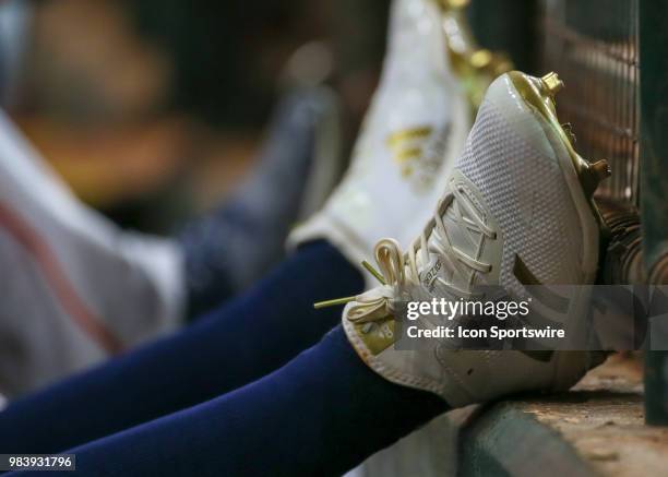 Houston Astros second baseman Tony Kemp sports gold cleats during the baseball game between the Toronto Blue Jays and Houston Astros on June 25, 2018...
