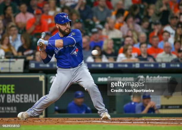 Toronto Blue Jays catcher Russell Martin is caught looking in the top of the first inning during the baseball game between the Toronto Blue Jays and...