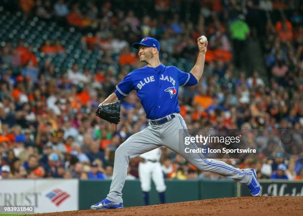 Toronto Blue Jays starting pitcher J.A. Happ prepares to throw a pitch during the baseball game between the Toronto Blue Jays and Houston Astros on...