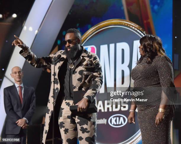 Winner James Harden speaks onstage at the 2018 NBA Awards at Barkar Hangar on June 25, 2018 in Santa Monica, California.